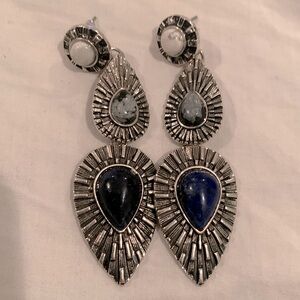 NWOT long, dangly earrings in silver, navy and white. Never worn